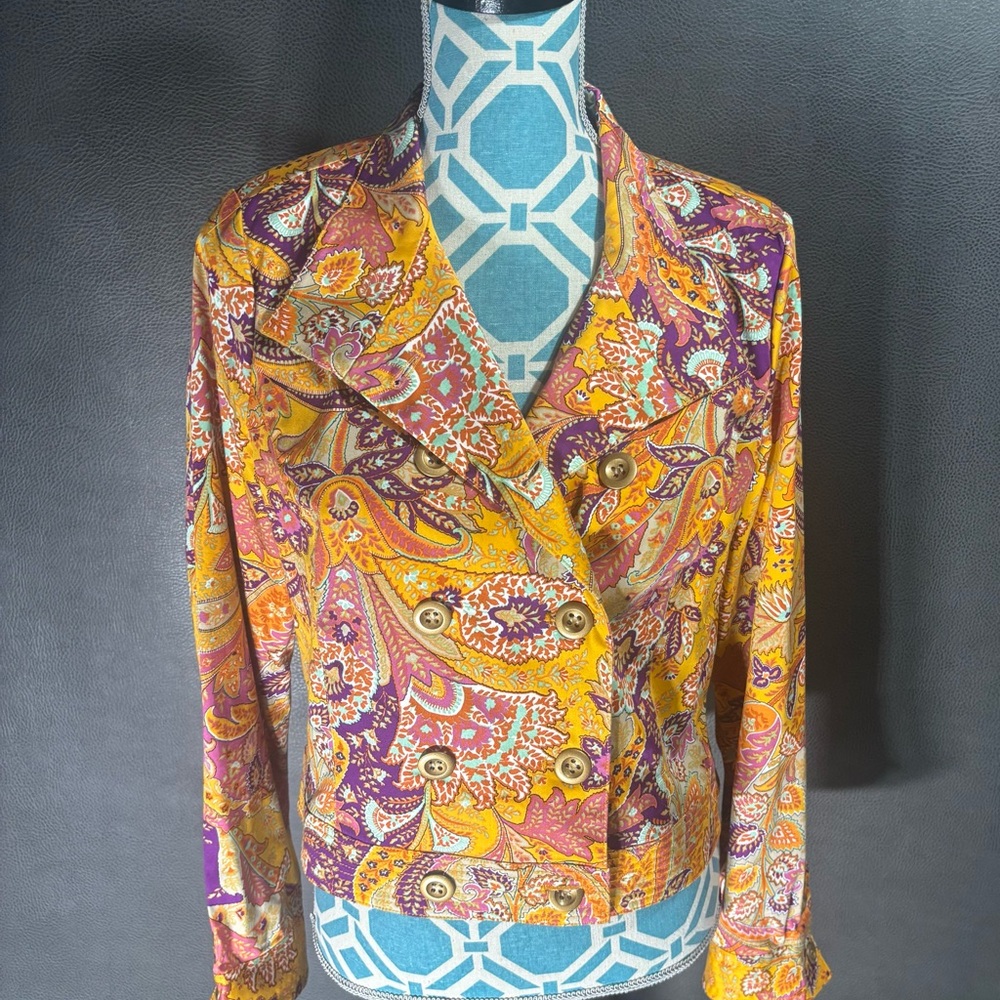6 by Six Paisley Cropped Blazer Jacket Women’s Medium Yellow Purple Boho Cotton - Picture 2 of 10